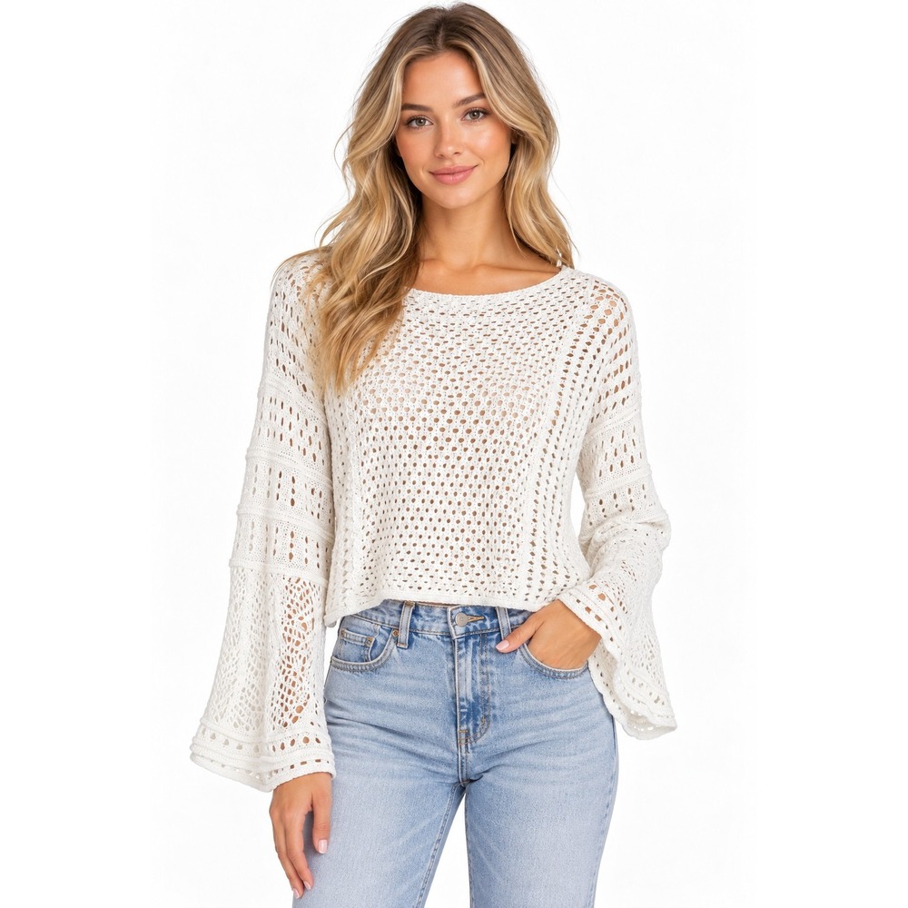 LC Lauren Conrad XS White Crochet Open Knit Bell Sleeve Sweater Cottagecore Boho
